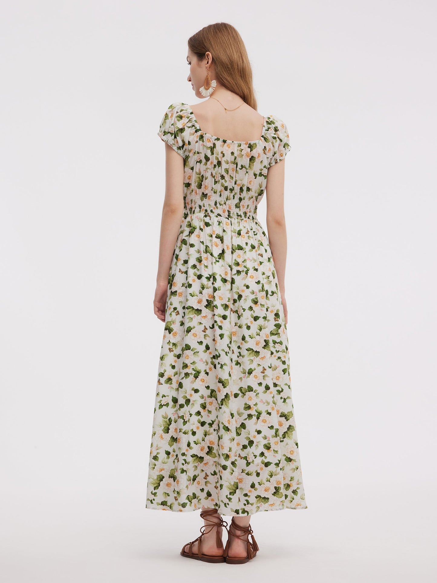 Acetate Blend Floral Print Adjustable Drawstring Neckline Women Maxi Dress