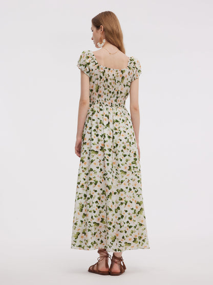 Acetate Blend Floral Print Adjustable Drawstring Neckline Women Maxi Dress