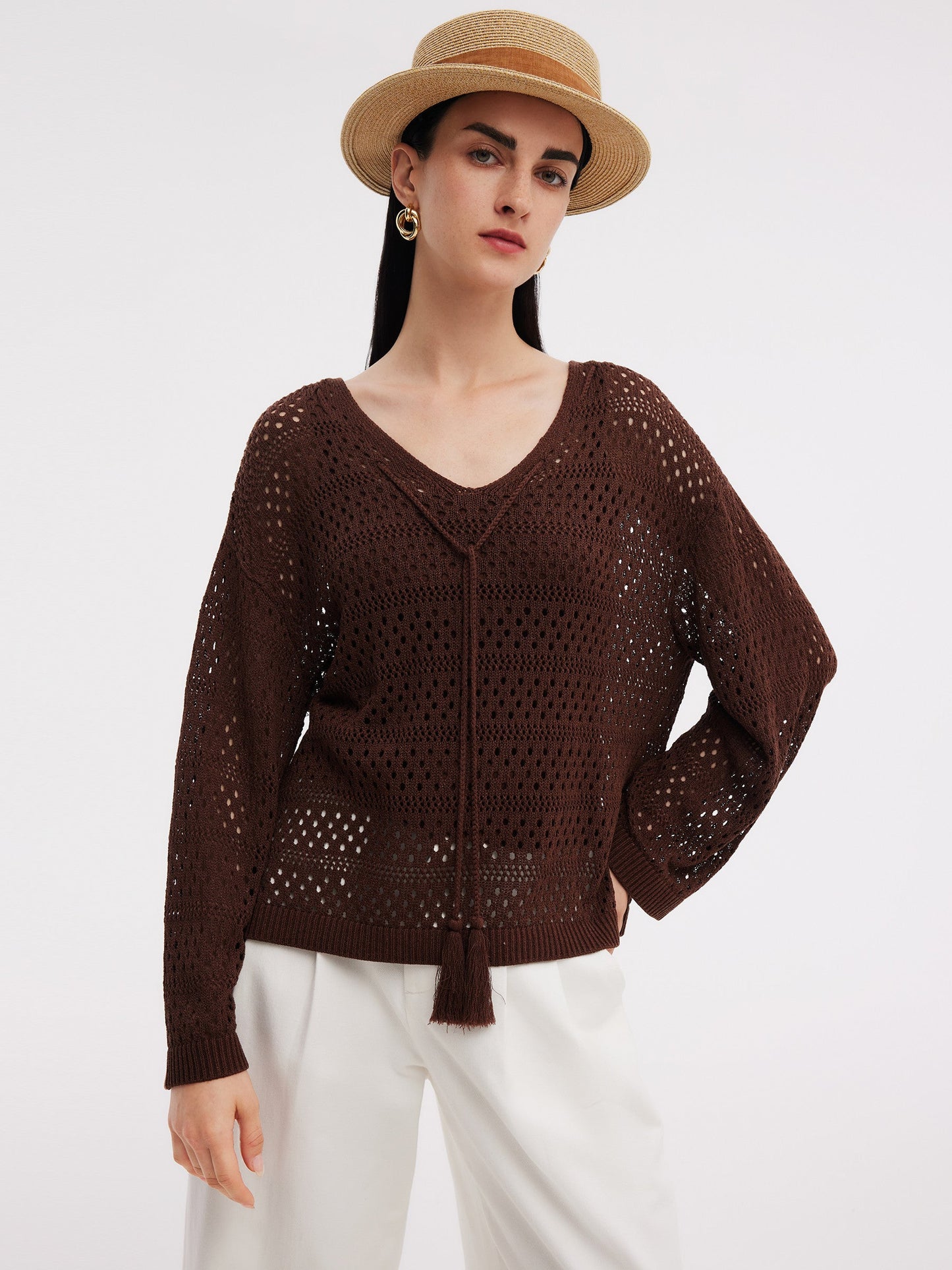 Linen Blend Openwork Pullover And Knit Tank Two-Piece Set