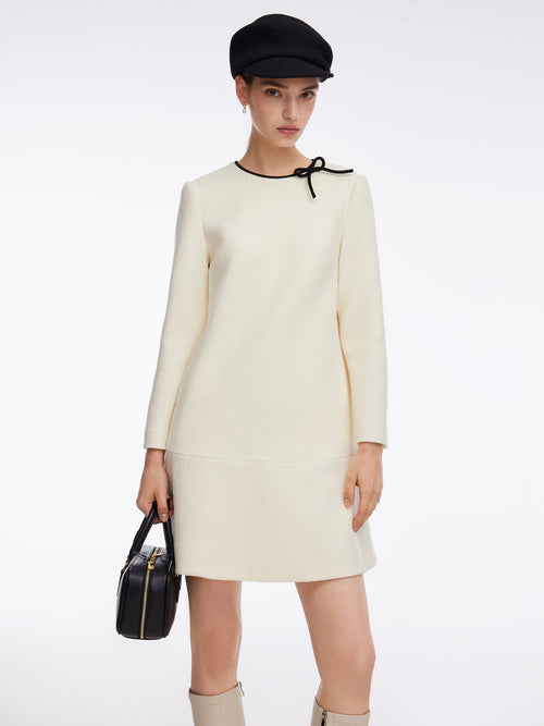 100% Wool Contrast Trim Neck A-Line Women Mini Dress