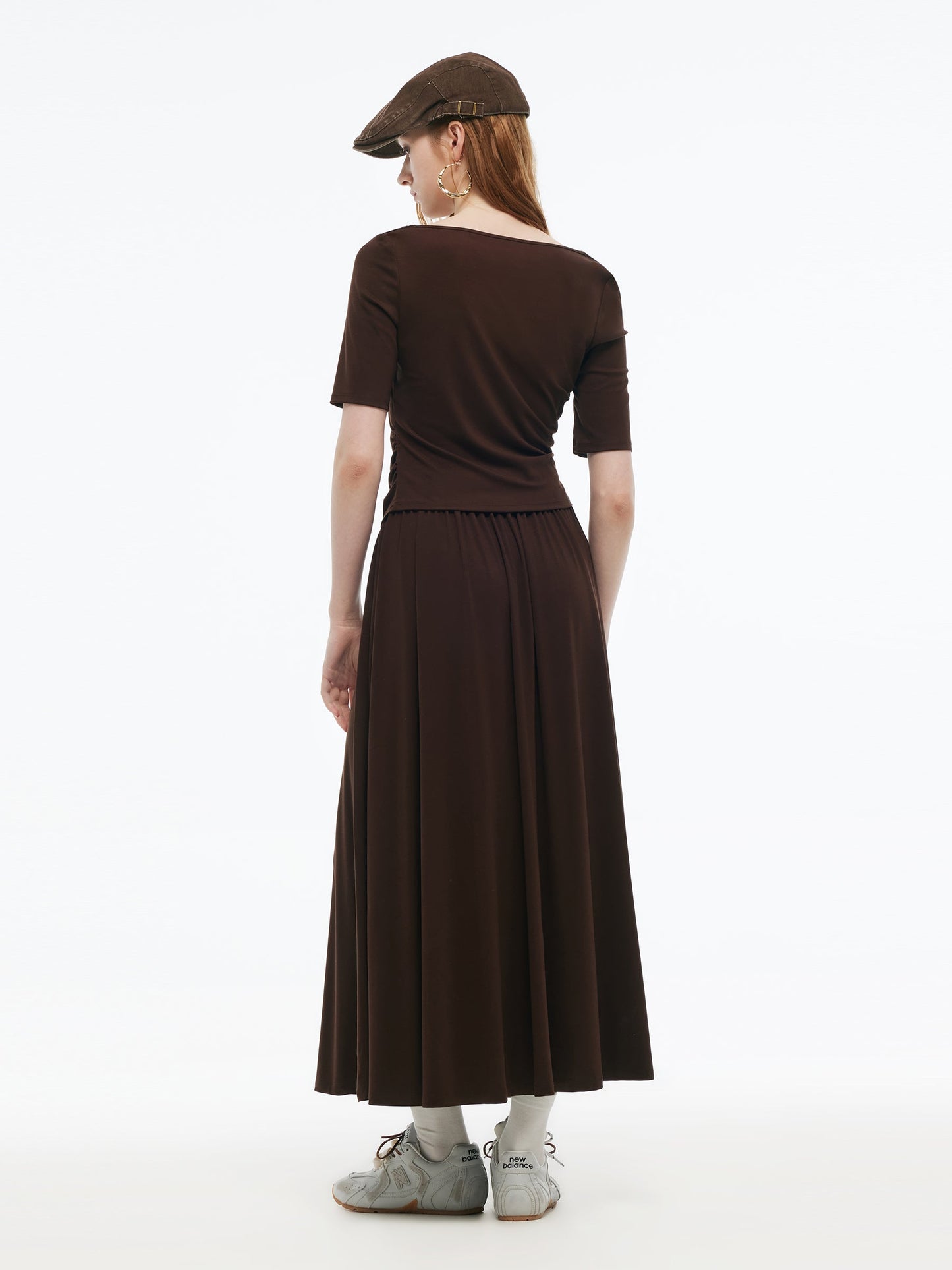 Tencel Blend Stretchy Knit Top And A-Line Skirt Two-Piece Set