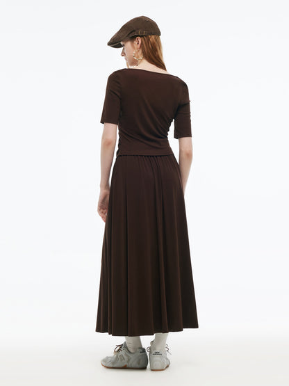Tencel Blend Stretchy Knit Top And A-Line Skirt Two-Piece Set