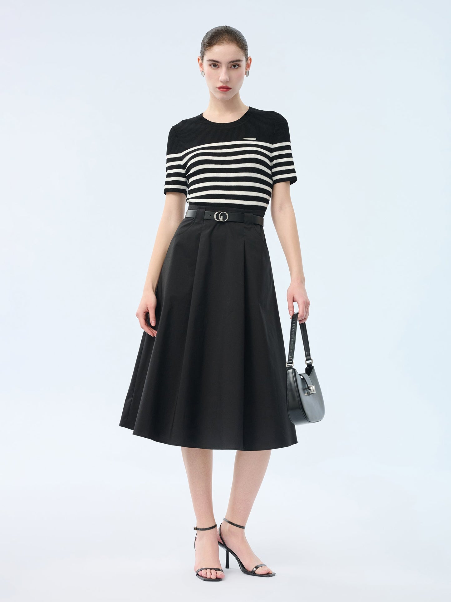 Lyocell Blend Stripe Patchwork Women Midi Dress With Belt