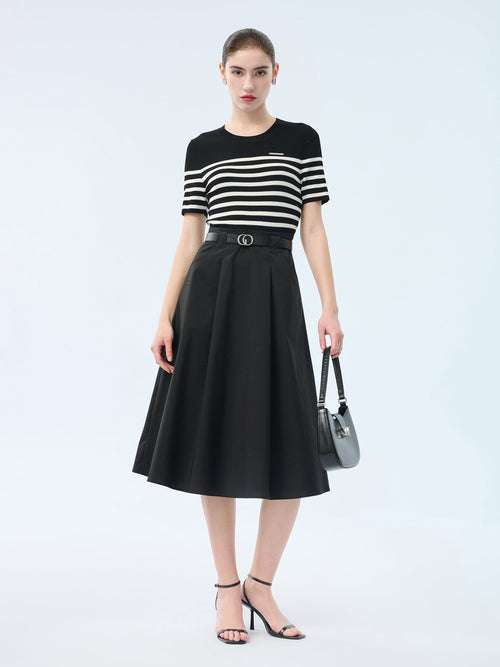 Lyocell Blend Stripe Patchwork Women Midi Dress With Belt