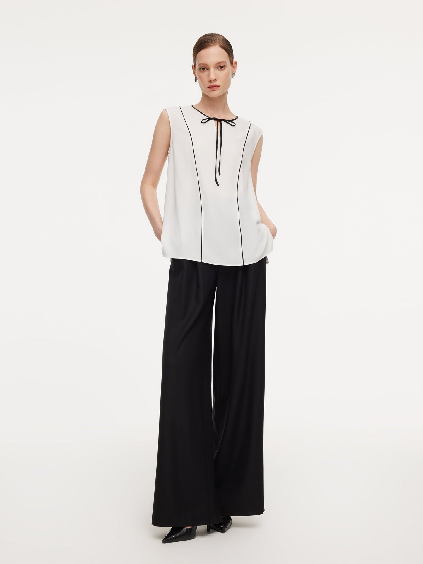 Acetate Blend Tie Front Contrast Trim Women Tank Top