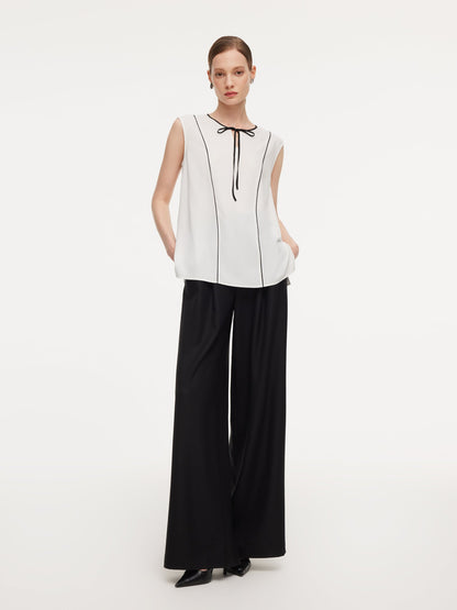 Acetate Blend Tie Front Contrast Trim Women Tank Top