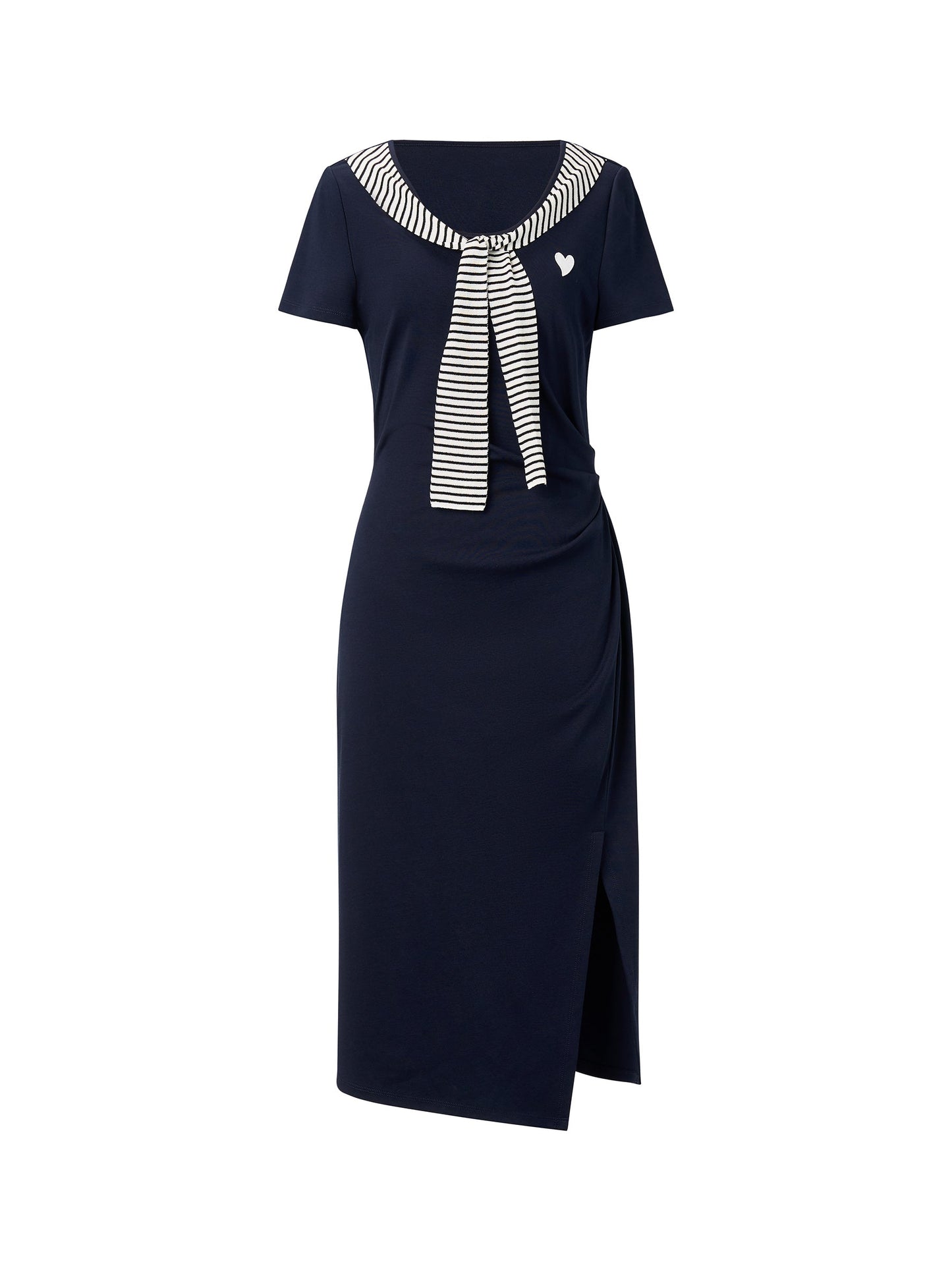Stripe Scarf Neck Women Slit Knit Midi Dress