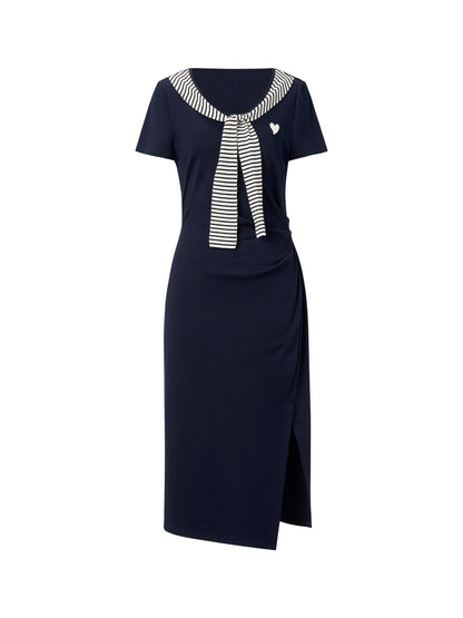 Stripe Scarf Neck Women Slit Knit Midi Dress