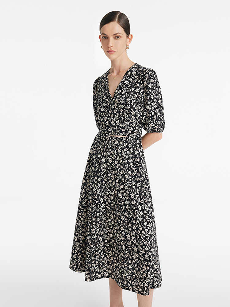 Iris Print V-Neck Tied Women Midi Dress