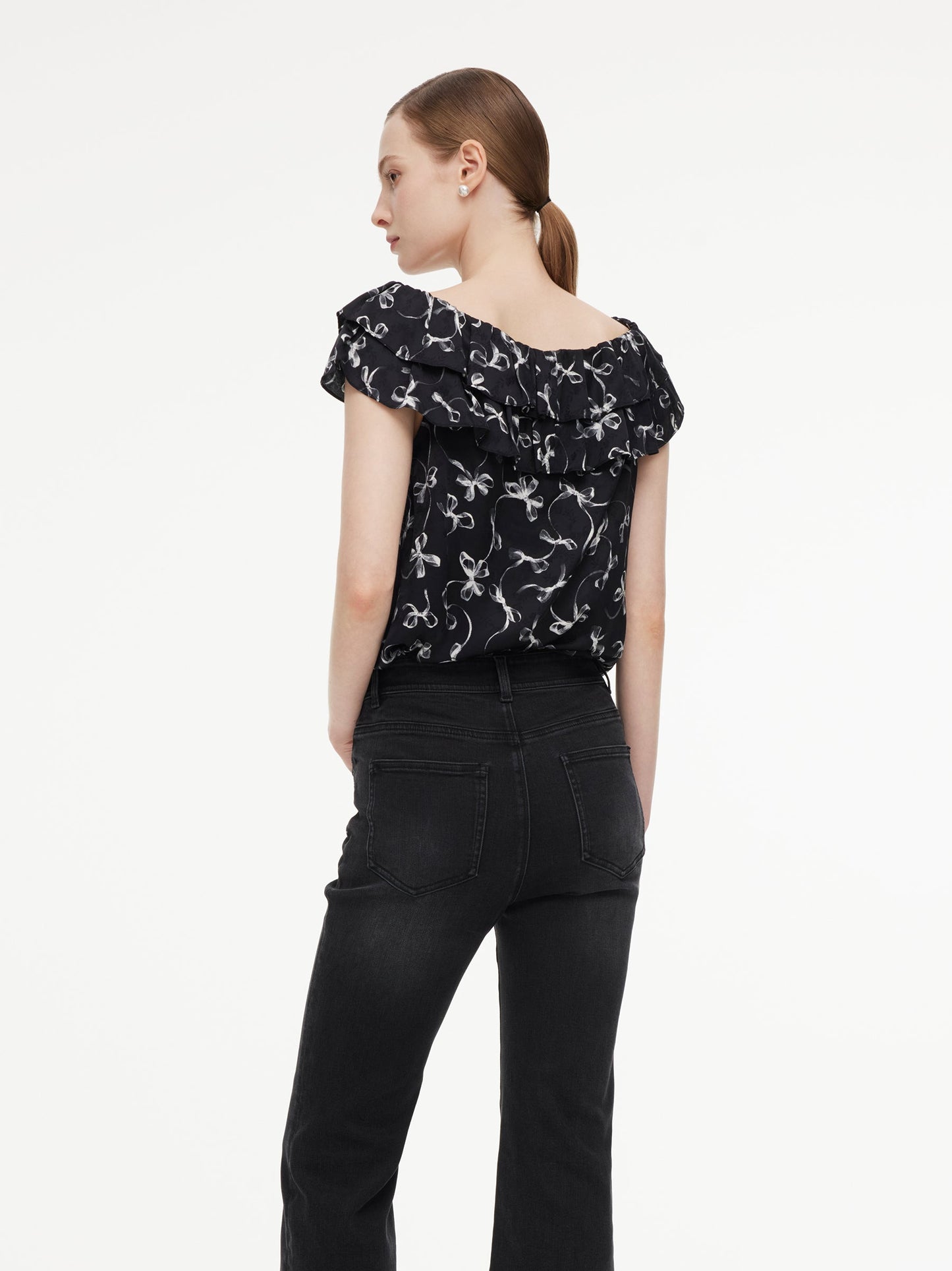 Jacquard Ribbon Print Tie Front Women Ruffle Blouse