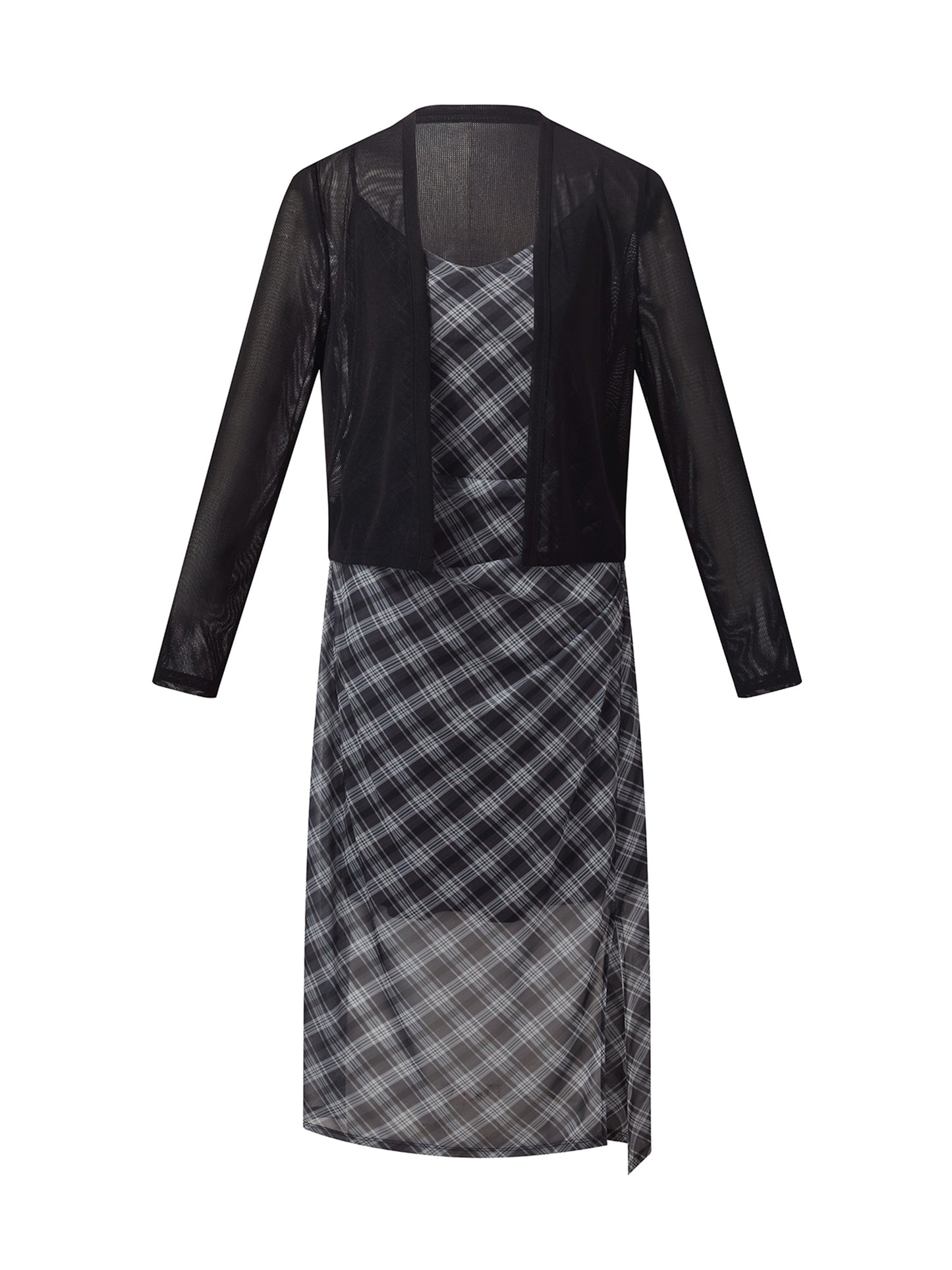 Plaid Adjustable Straps Slip Midi Dress And Cardigan Two-Piece Set
