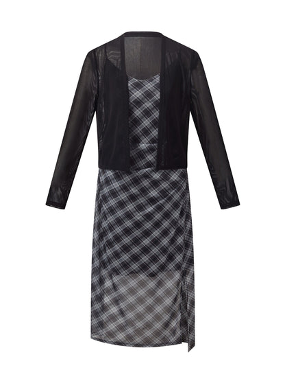 Plaid Adjustable Straps Slip Midi Dress And Cardigan Two-Piece Set