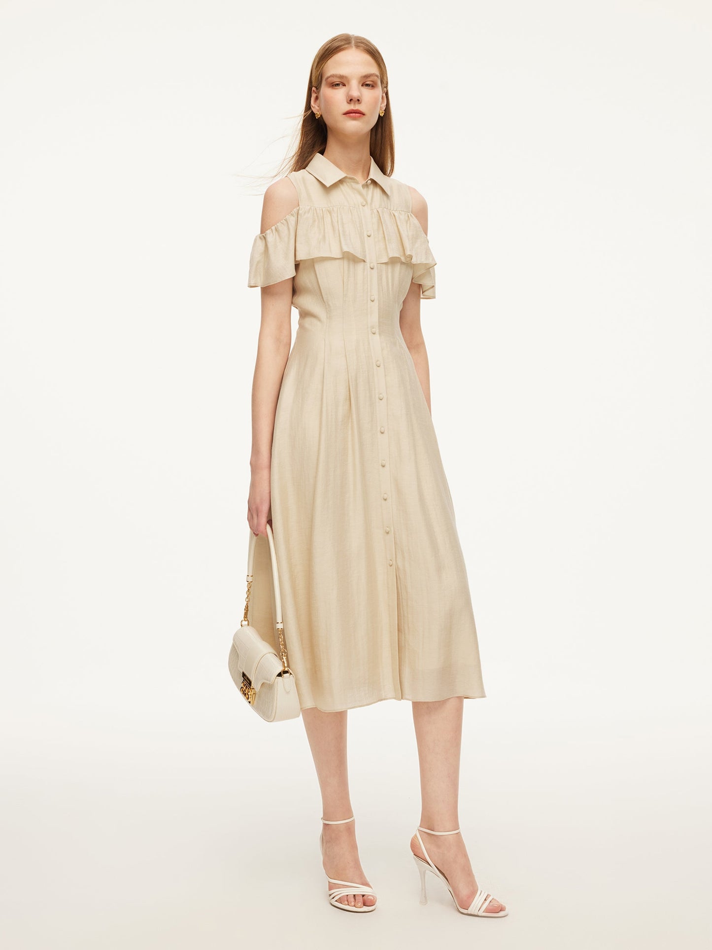 Tencel Acetate Linen Blend Cold Shoulder Women Maxi Dress