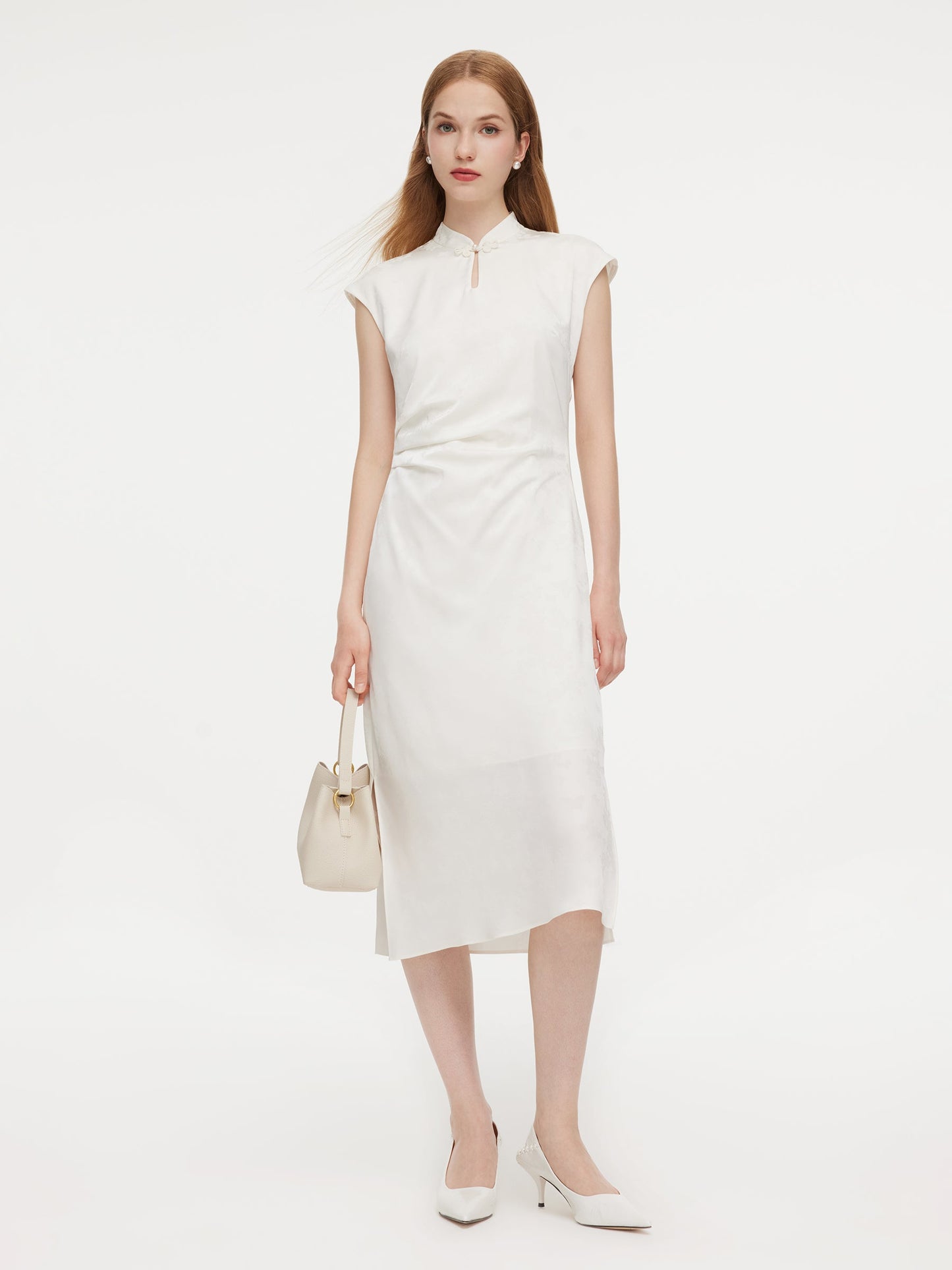 Jacquard Ruched Waist Women Qipao Maxi Dress