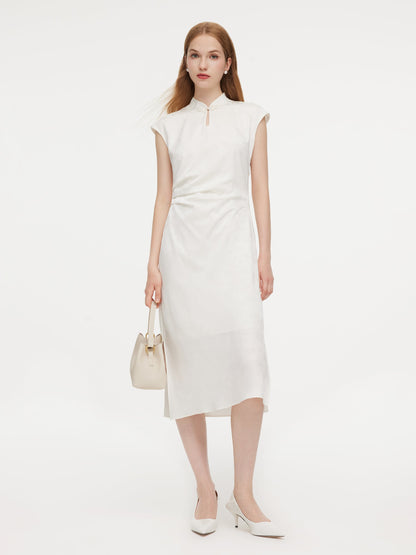 Jacquard Ruched Waist Women Qipao Maxi Dress