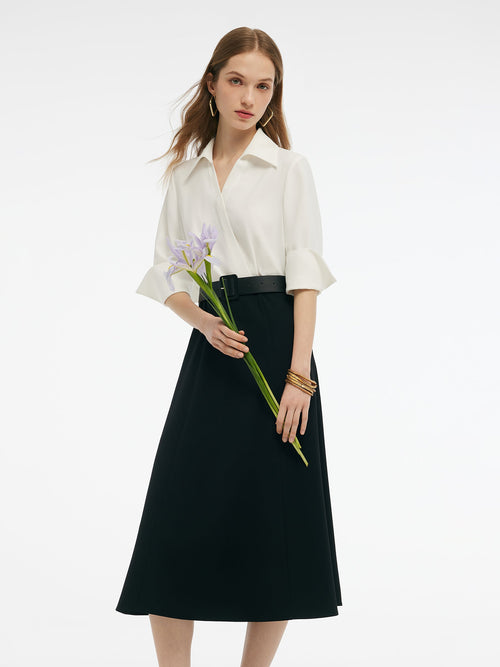 Pre-Order Faux-Layered Color Block Women Midi Dress With Leather Belt