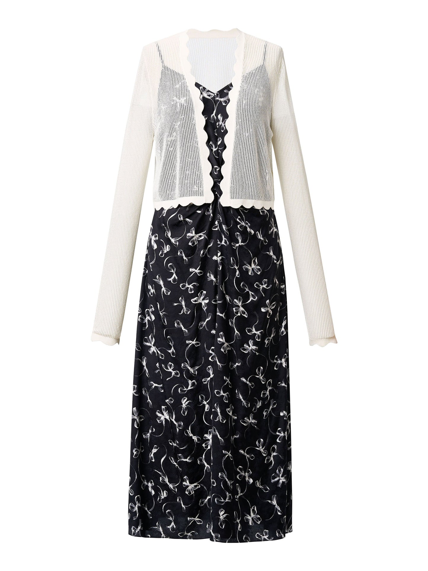 Ribbon Print Strap Dress And Cardigan Two-Piece Set