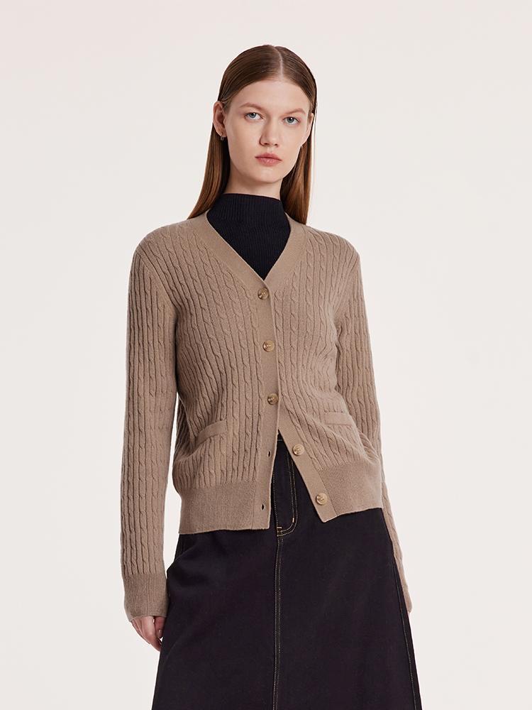 Camel Pure Cashmere V-Neck Cable Knit Women Cardigan