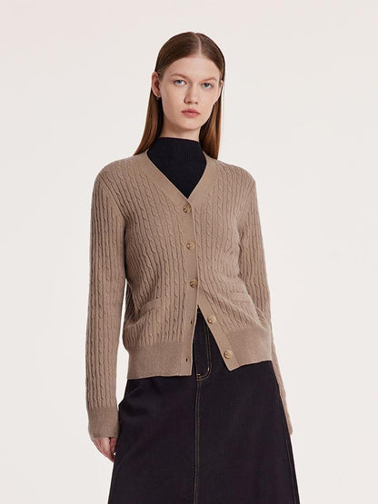 Camel Pure Cashmere V-Neck Cable Knit Women Cardigan