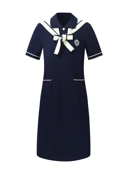 Tencel Blend Women Knit Mini Dress With Detachable Sailor Collar