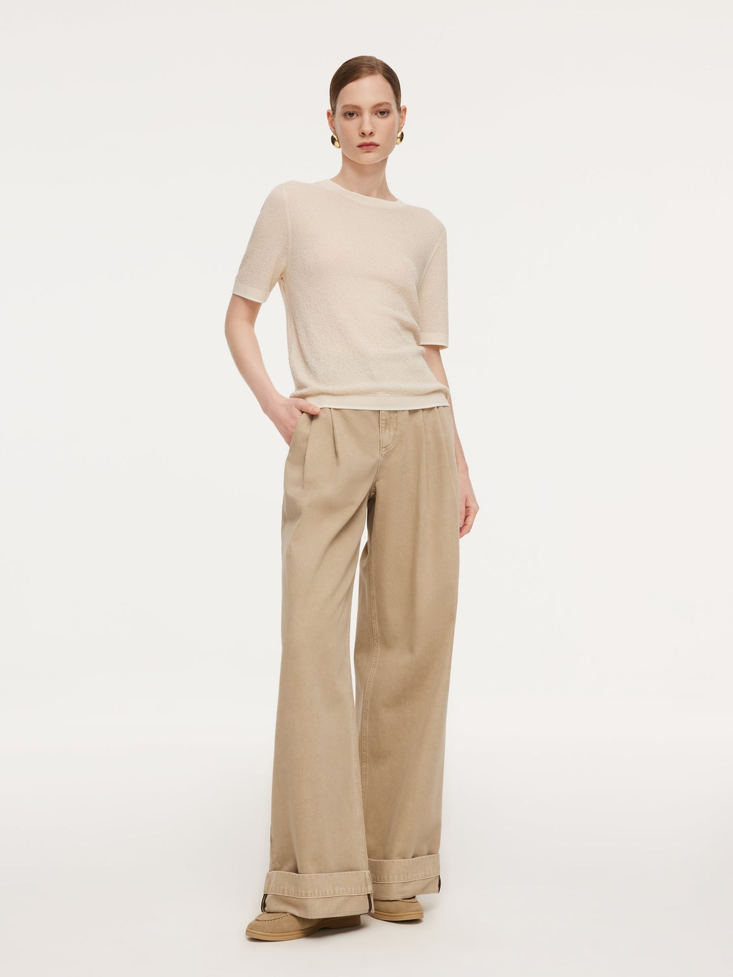 Triacetate Tencel Blend Contrast Trim Women Knit Top