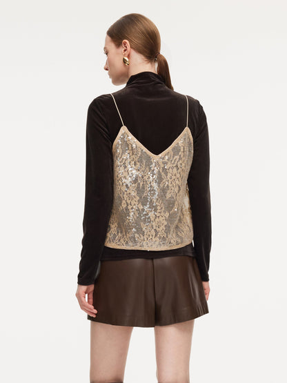 Lace Sequins Camisole And Velvet Knit Top Two-Piece Set