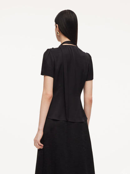 22MM Mulberry Silk Asymmetrical Hem Women Blouse With Ribbon