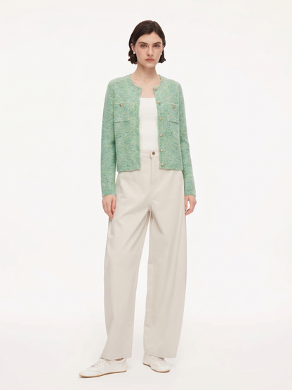 Melange Green Single Breasted Women Cardigan