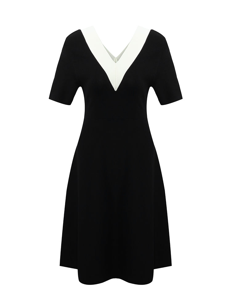 Pre-Order Contrast V-Neck Slim Knitted Women Midi Dress