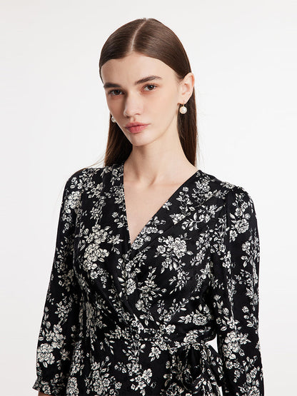 Camellia Print V-Neck Ruffle Hem Women Midi Wrap Dress