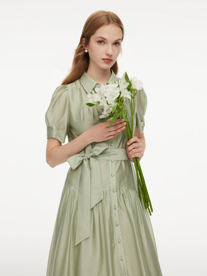 Tencel Blend Puff Sleeve Women Belted Maxi Shirt Dress