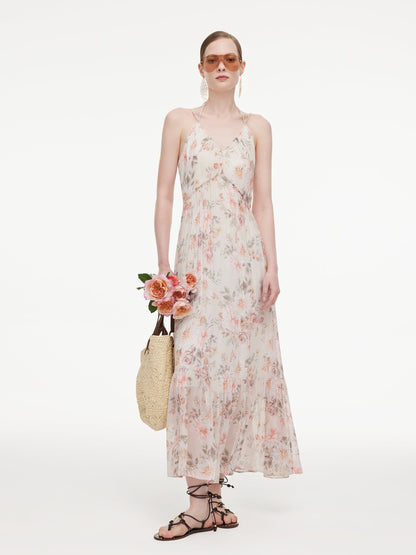10MM Mulberry Silk Floral Print Women Strap Maxi Dress