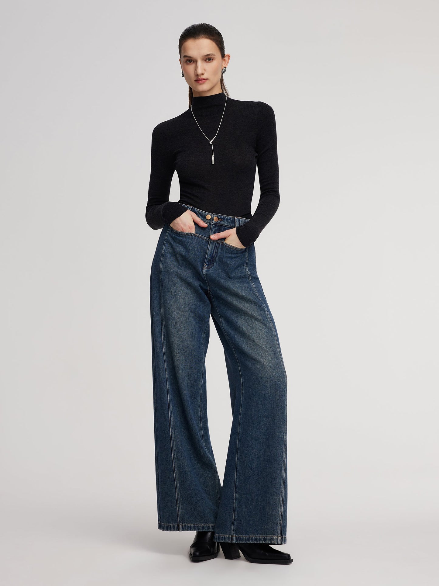 100% Cotton Brushed Denim Straight Wide Leg Women Jeans