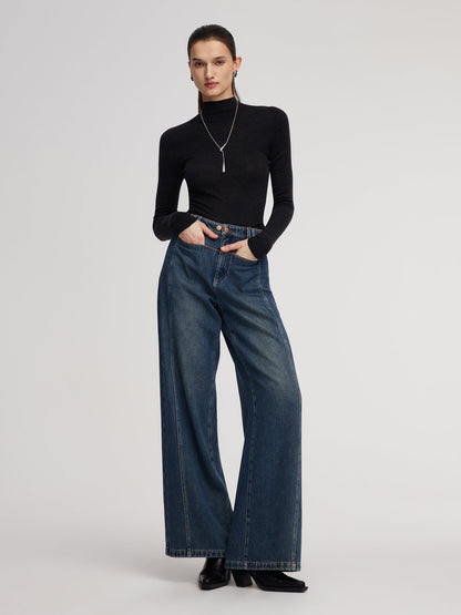 100% Cotton Brushed Denim Straight Wide Leg Women Jeans