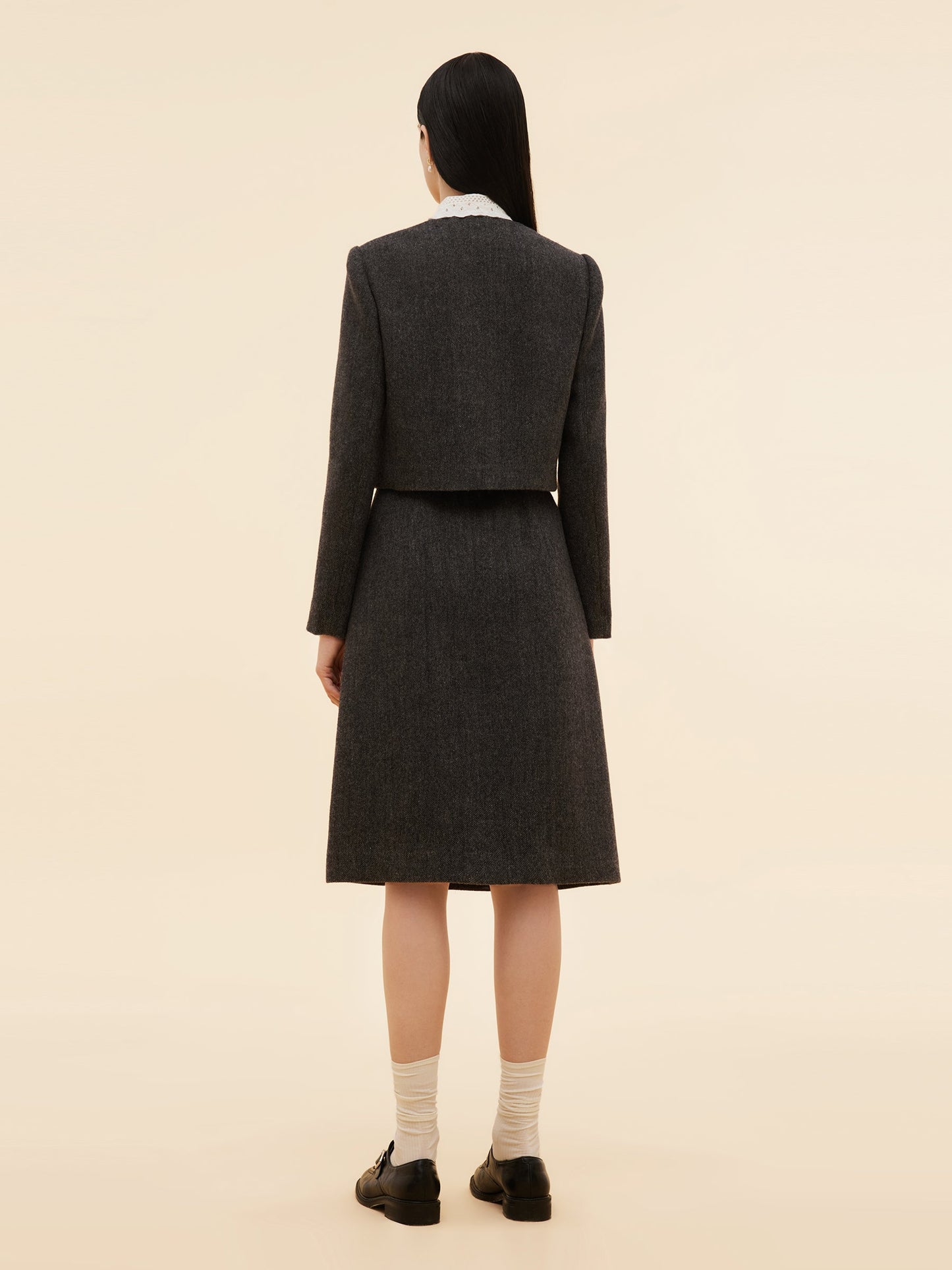 100% Washable Wool Crop Jacket And Skirt Two-Piece Set