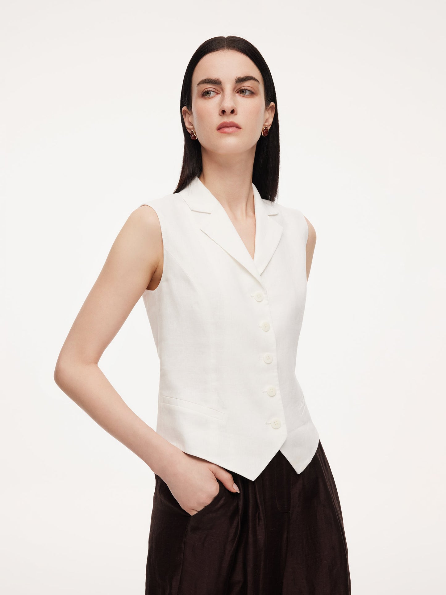 100% Linen Lapel Women V-Neck Vest