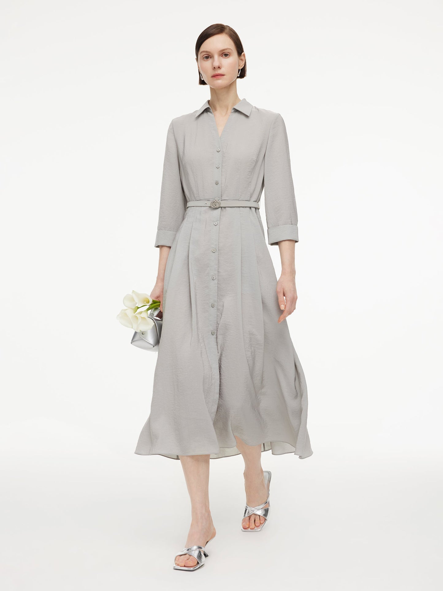 [Preview] Triacetate Blend Women Belted Maxi Shirt Dress