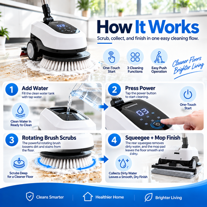UltraClean 3-in-1 Electric Floor Scrubber – Rotating Brush, Squeegee & Mop Cleaning System