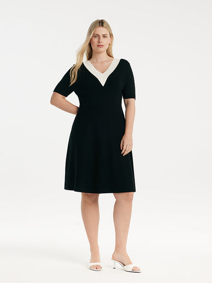 Pre-Order Contrast V-Neck Slim Knitted Women Midi Dress