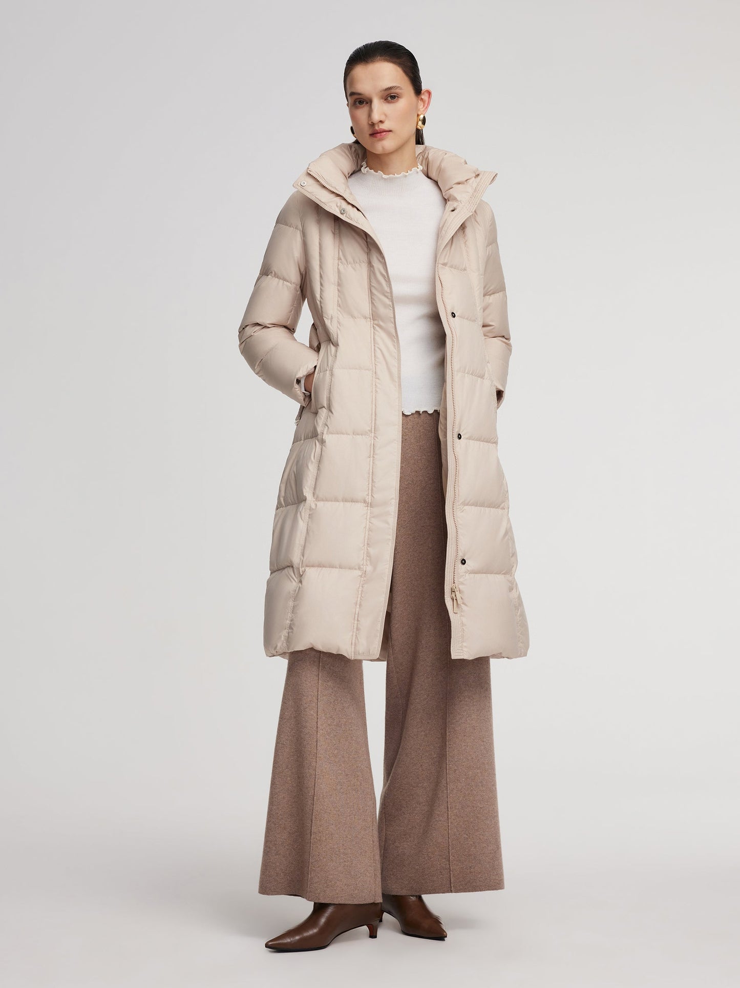 Windproof Hooded Goose Down Coat With Belt