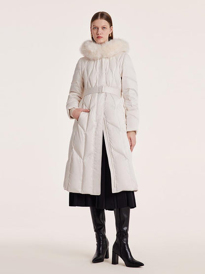 Gathered Waist Long Goose Down Garment With Faux-Fur Collar