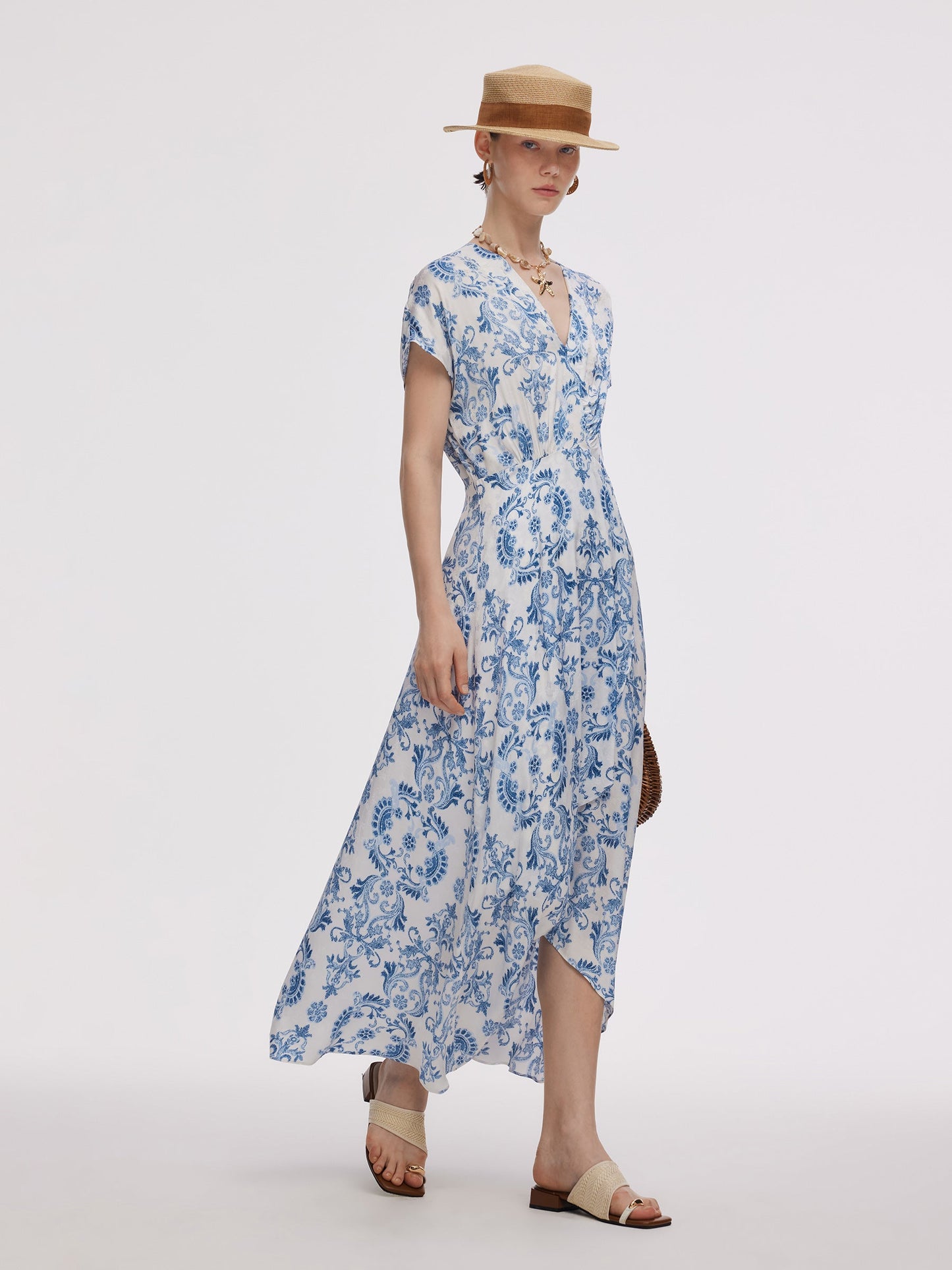 Floral Print Asymmetric Hem Women V-Neck Maxi Dress
