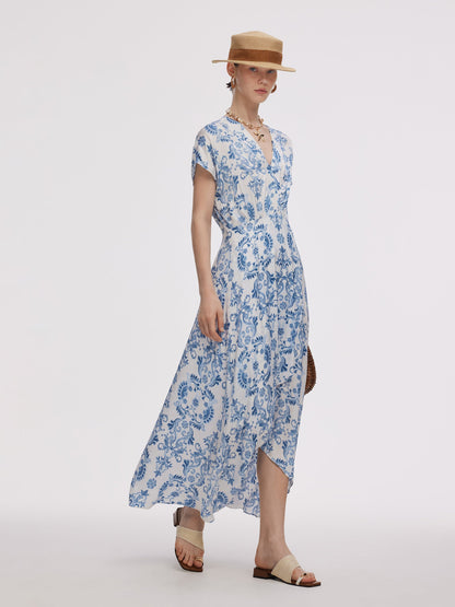 Floral Print Asymmetric Hem Women V-Neck Maxi Dress