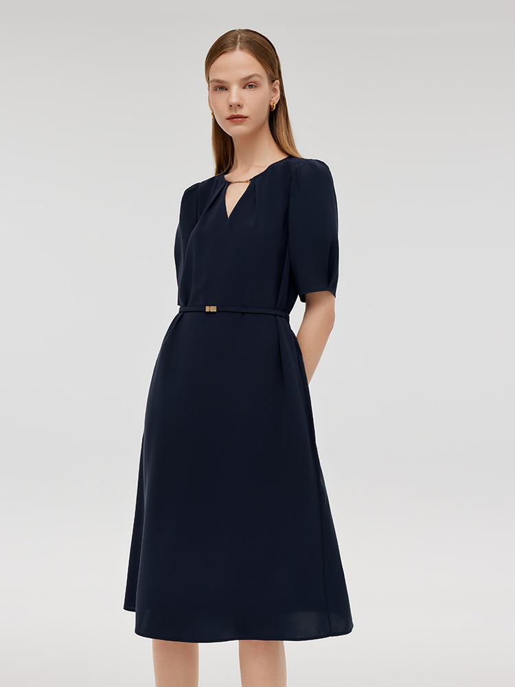 Triacetate Cut-Out Neck Women Midi Dress With Belt