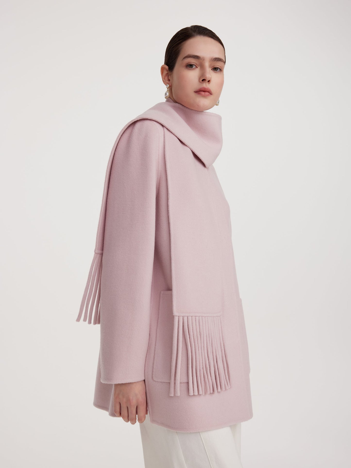Tencel Wool Blend Double-Faced Women Coat With Fringe Scarf