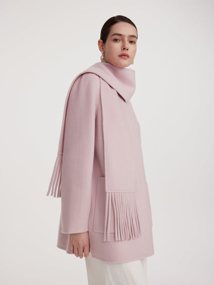 Tencel Wool Blend Double-Faced Women Coat With Fringe Scarf