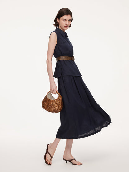100% Linen Sleeveless Blouse And Skirt Two-Piece Set With Braided Belt