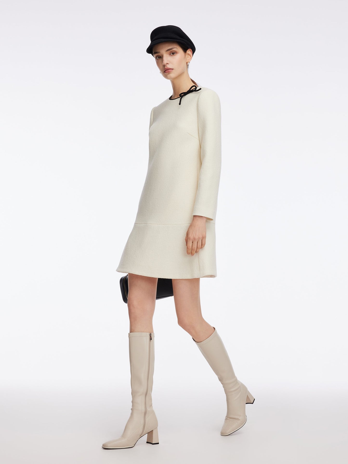 100% Wool Contrast Trim Neck A-Line Women Mini Dress