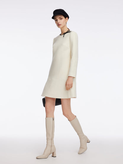 100% Wool Contrast Trim Neck A-Line Women Mini Dress