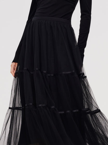 Mesh Tiered Women Elastic Waist Skirt